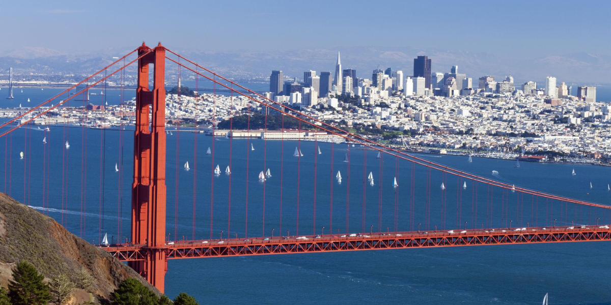 Best places to visit in California featuring San Francisco skyline, Golden Gate Bridge, and waterfront city views