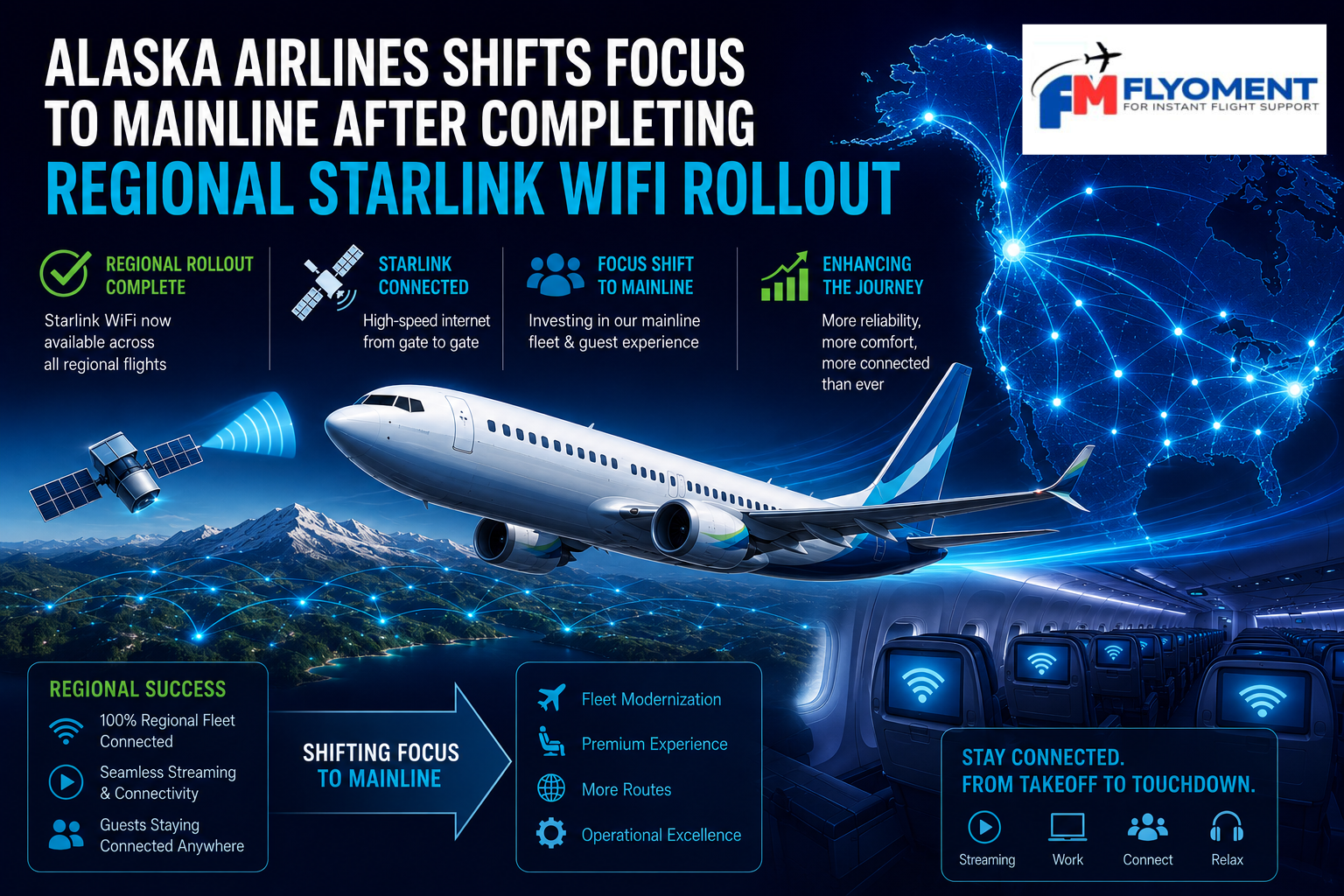 Read more about the article Alaska Airlines Shifts Focus To Mainline After Completing Regional Starlink WiFi Rollout