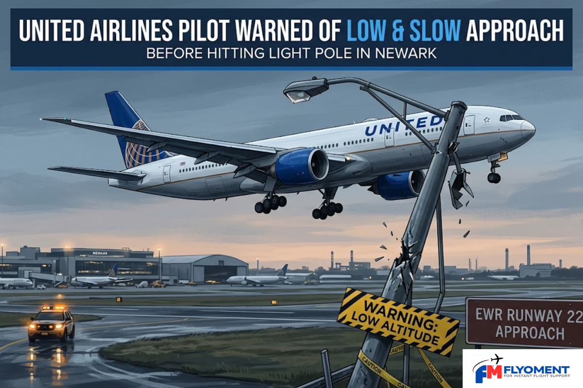 Read more about the article United Airlines aircraft approaching Newark Airport during reported landing incident involving a light pole